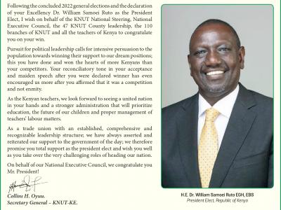 CONGRATULATORY MESSAGE TO H.E DR. WILLIAM SAMOEI RUTO, EGH. PRESIDENT ELECT